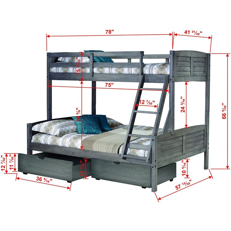 Donco Kids Louver Twin Over Full Antique Grey Bunkbed With Dual Underbed Dreawers
