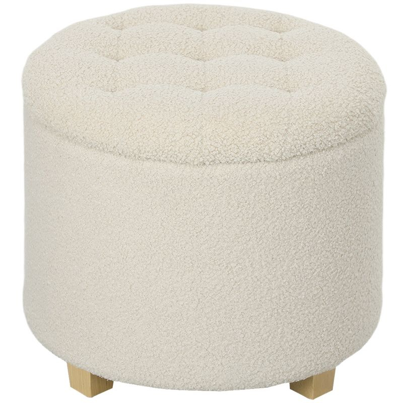HOMCOM 18" Round Ottoman with Storage, Teddy Fleece Button Tufted Bedroom Stool with Removable Lid and Wood Legs for Living Room, Hallway, White