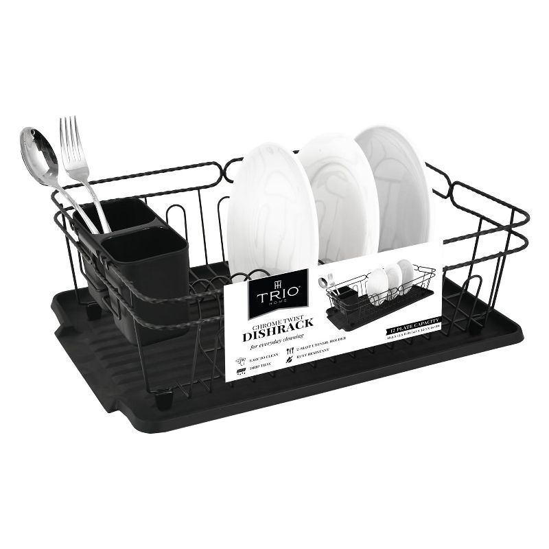 Trio Home Stainless Twist Design 3-Piece Dish Drying Drainer Rack, Removable Utensil Holder and Drainboard - Black/Black Twist