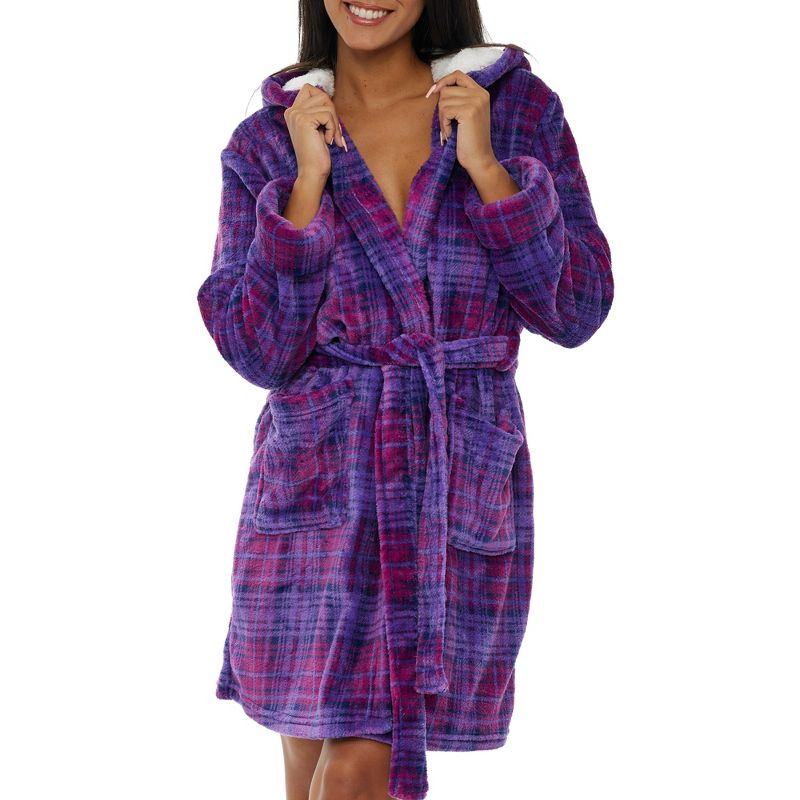 ADR Women's Hooded Plush Velour Robe with Lined Hood, Pockets Purple Plaid Large