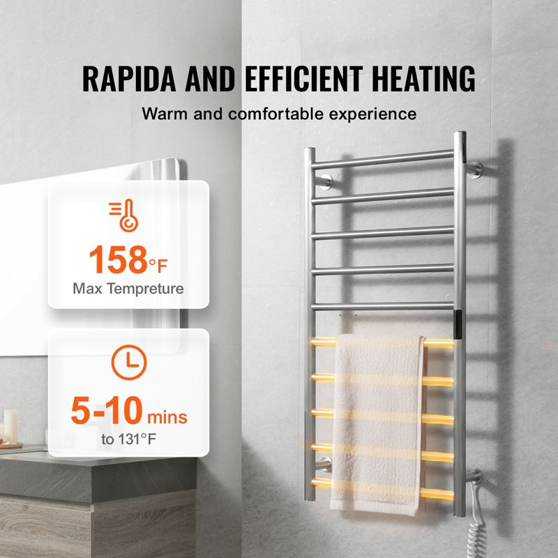 VEVOR 10 Bars Towel Warmer Rack, Wall Mounted Heated Towel Rack for Bathroom, IPX5 Waterpoof Towel Heater Rack with Timer & Display Screen, Silver