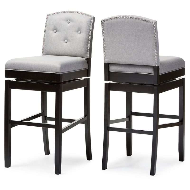 Baxton Studio Set of 2 Ginaro Modern and Contemporary Fabric Button Tufted Upholstered Swivel Barstools Gray: 30" Seat Height