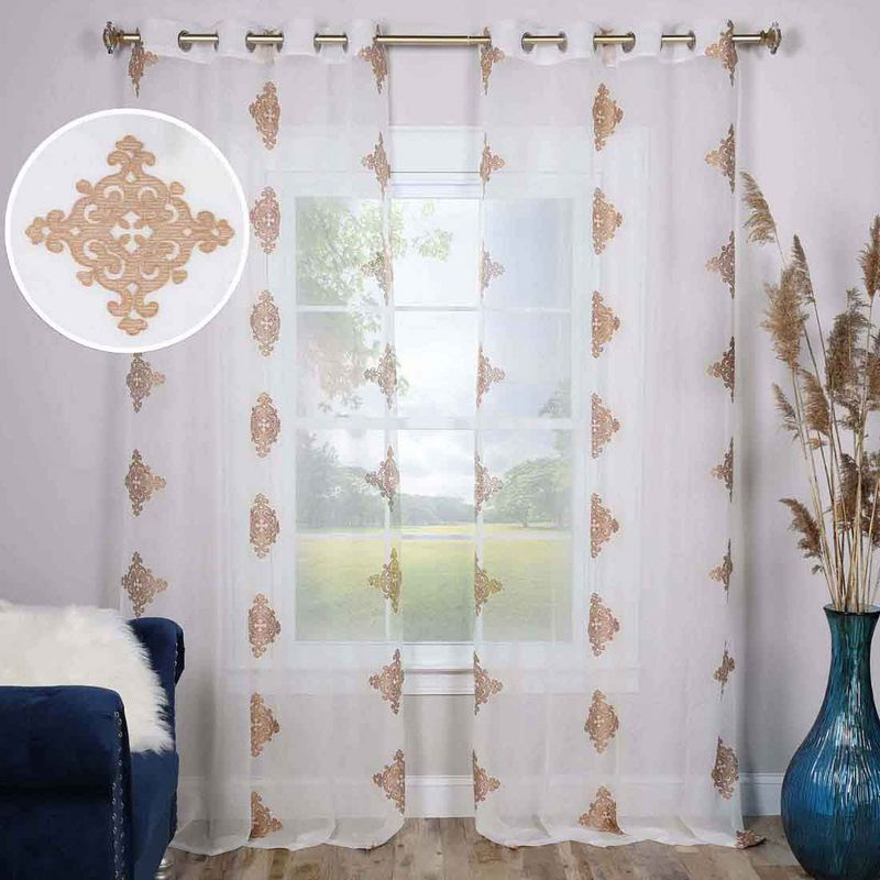 Damask Semi-Sheer 2-Piece Curtain Panel Set with Stainless Grommet Header, 52" x 63", Gold - Blue Nile Mills