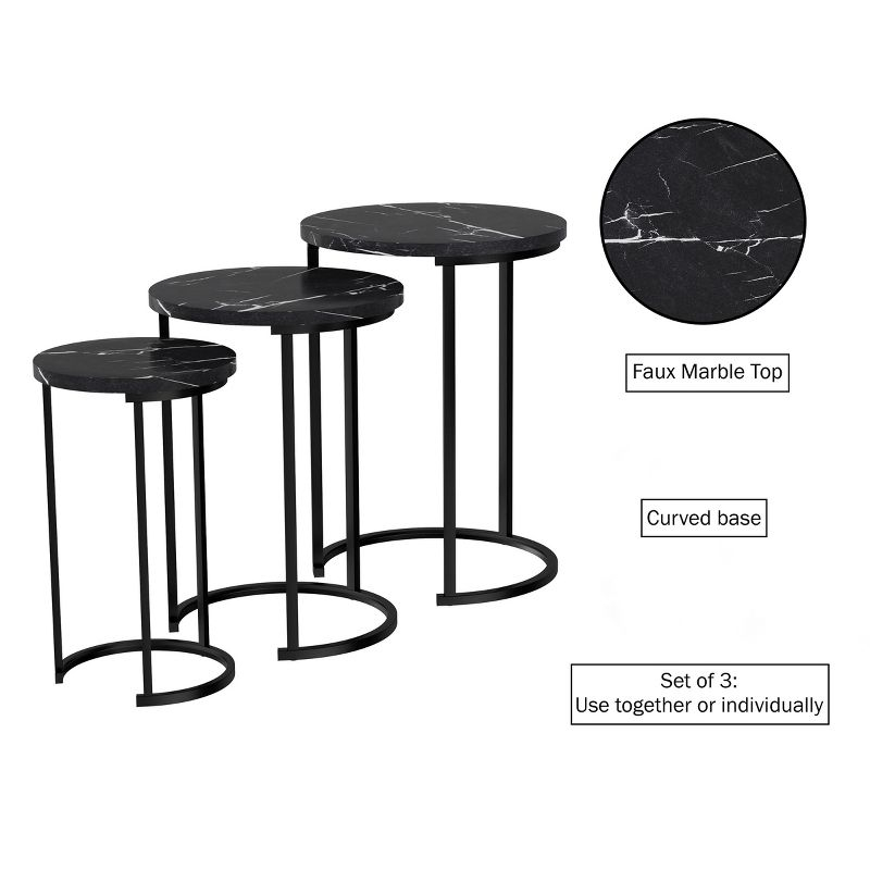 Hastings Home Set of 3 Round Living Room End Tables – Modern Faux Marble Top and Black Metal Base Nesting Tables or Nightstands