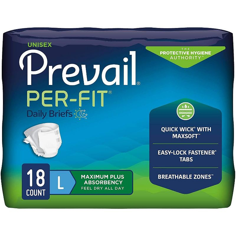Prevail Per-Fit Unisex Daily Briefs, Maximum Plus Absorbency, Refastenable Tabs, Large, 72ct