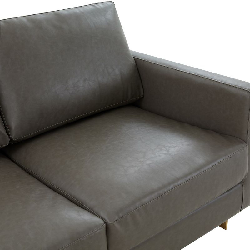 LeisureMod Lincoln Mid-Century Modern Upholstered Faux Leather Loveseat with Gold Frame in Grey