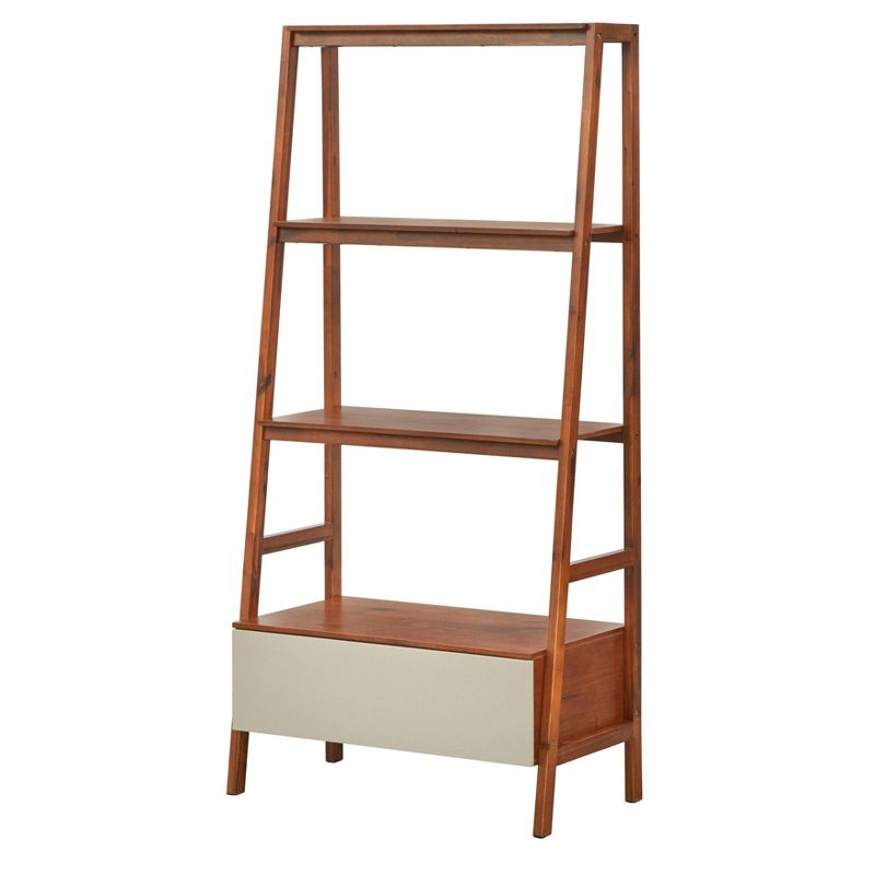71" Nordic Ladder Shelf Walnut - Lifestorey: Mid-Century Modern Bookcase with Drawer, Open Back Design