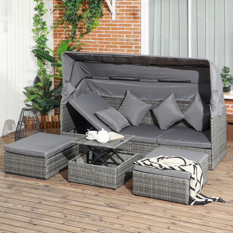 Outsunny 4 Piece Adjustable Canopy Outdoor Rattan Sofa Set, Wicker  Patio Furniture Set with Height Adjustable Coffee Table & Cushions, Light Gray