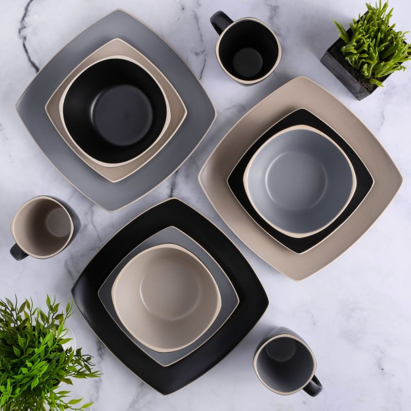 Gibson Soho Lounge Square 16-Piece Matte Stoneware Dinnerware Set Matte Grey