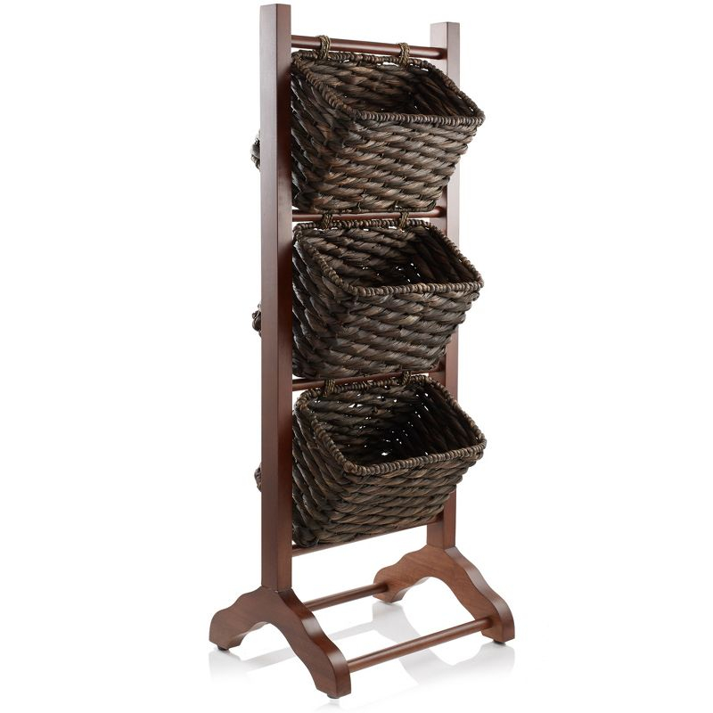Casafield 3-Tier Floor Stand with Hanging Storage Baskets, Walnut/Espresso - Wood Tower Rack for Bathroom, Kitchen, Laundry, Living Room