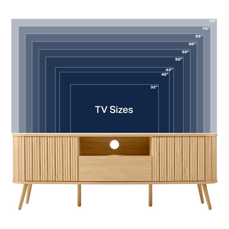 JONATHAN Y Damien 70 in. Farmhouse Curved TV Stand with Drawer and Storage Doors Fits TVs up to 75 in. with Cable Management, Oak