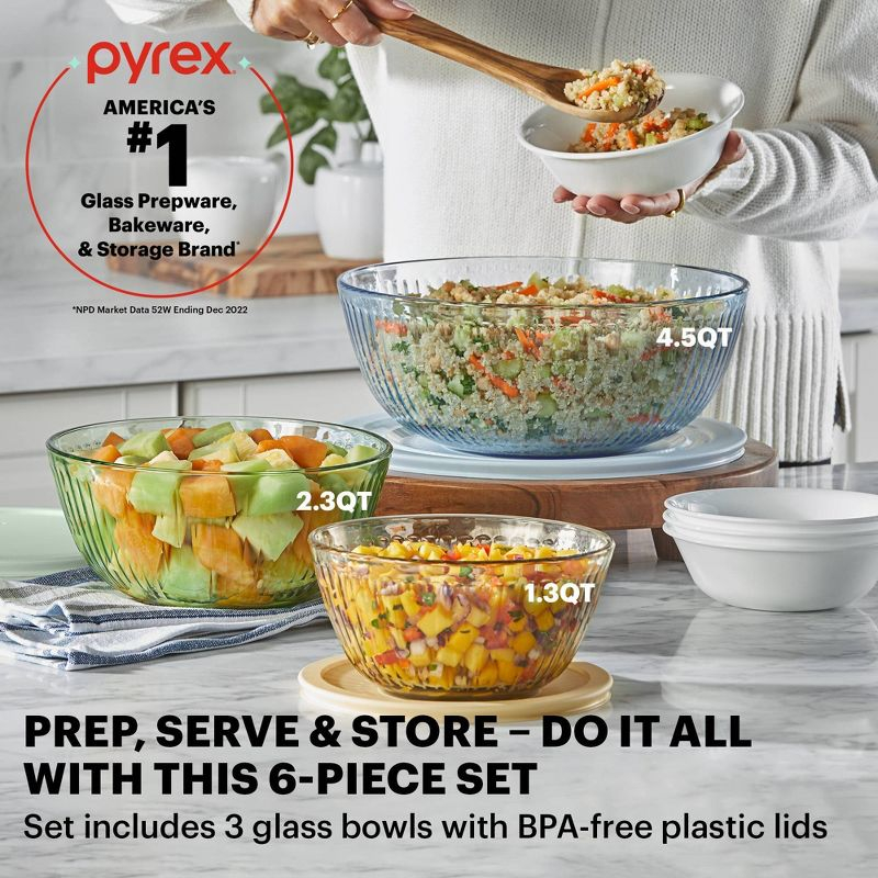 Pyrex® Sculpted Tinted 6pc Lidded Mixing Bowl Set: Glass Bowls with Lids, Dishwasher-Safe, Multicolored