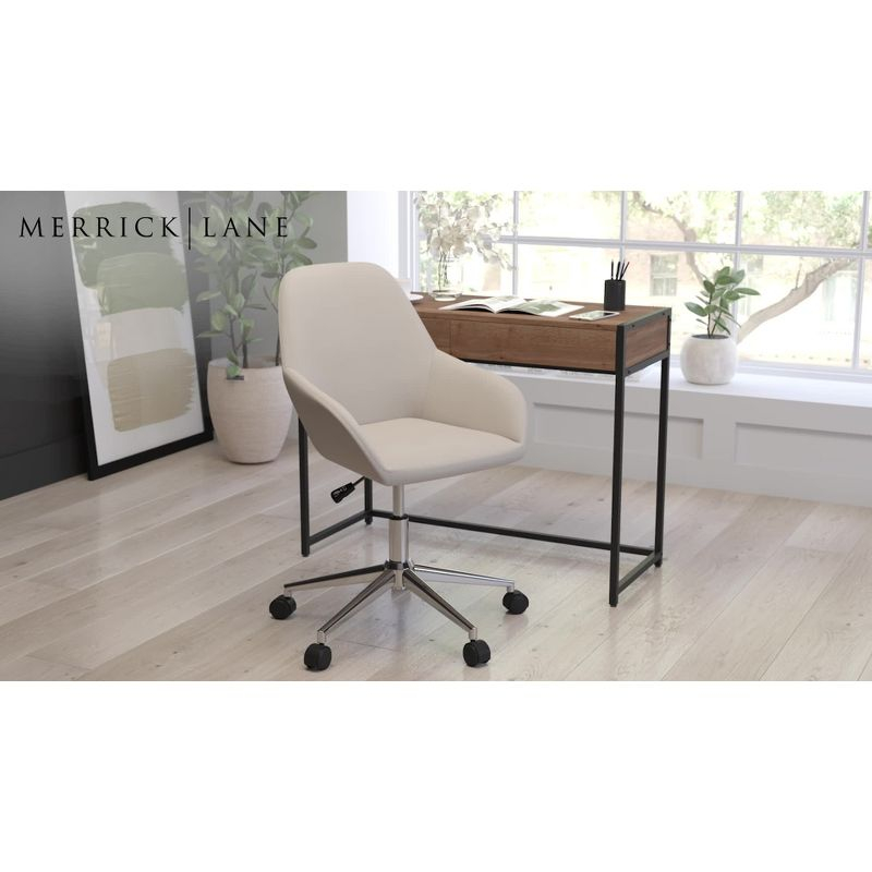 Merrick Lane Home Office Bucket Style Chair with White Faux Leather Upholstery and 360 Degree Rotating Swivel On Chrome Frame