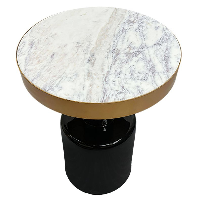 The Urban Port 20" Round Side End Table Gold Banded Natural White Marble Top Black Enamel Coated Iron Pedestal Base White/Gold