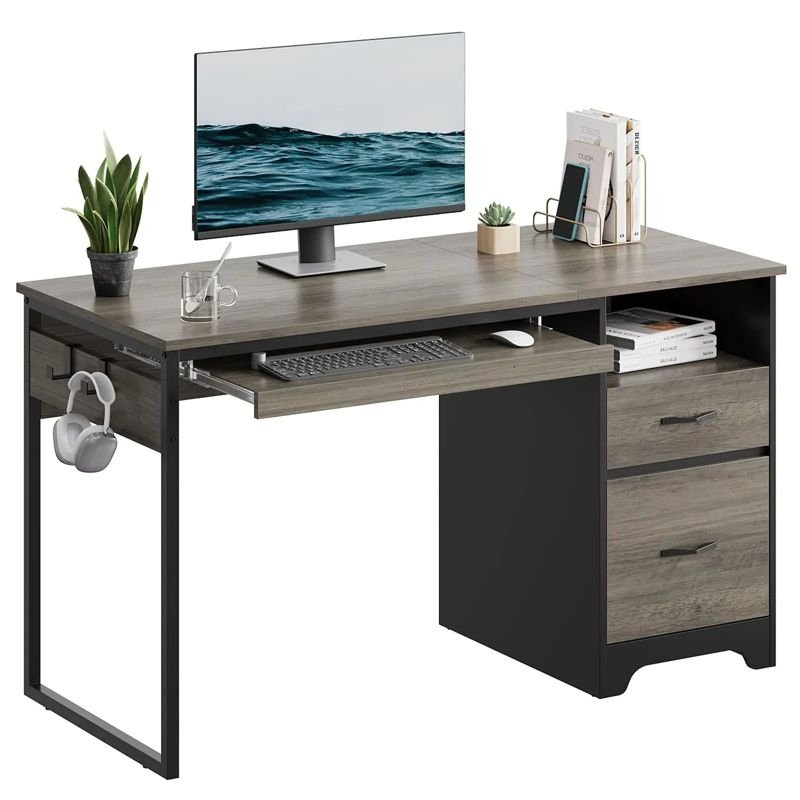Bestier 48” Office Desk with Drawers, Computer Writing Desk with Keyboard Tray & 2 Hooks for Home Office, Gray