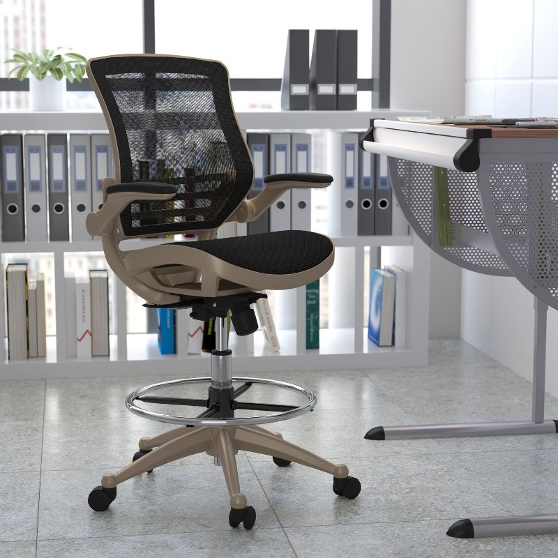 Flash Furniture Mid-Back Transparent Black Mesh Drafting Chair with Melrose Gold Frame and Flip-Up Arms