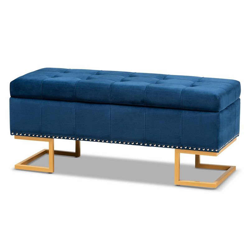 Ellery Velvet Fabric Upholstered Ottoman Gold/Blue - Baxton Studio: Storage, Nailhead Trim, Wood Frame