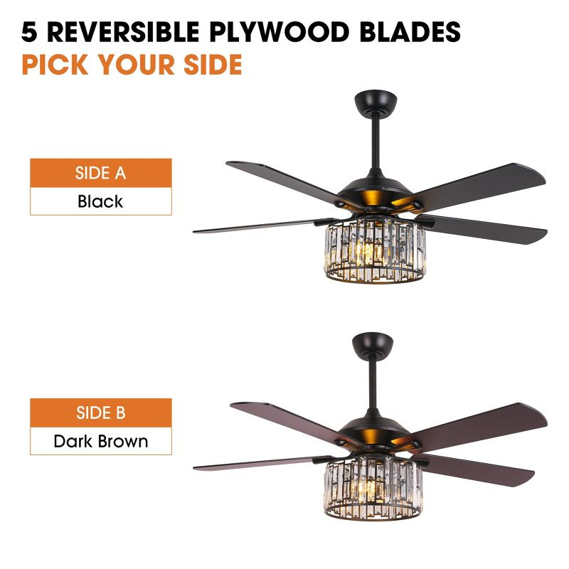 Parrot Uncle 52" Modern Black Crystal Ceiling Fan with Light and Remote