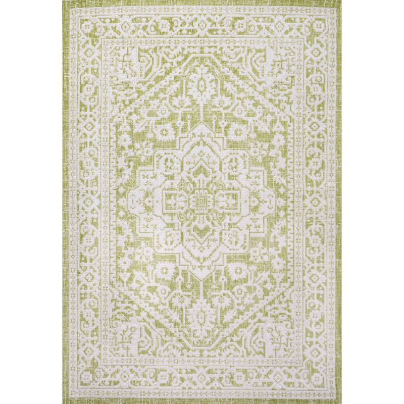 4' x 6' Sinjuri Medallion Textured Weave Indoor/Outdoor Area Rug, Green/Cream - JONATHAN Y