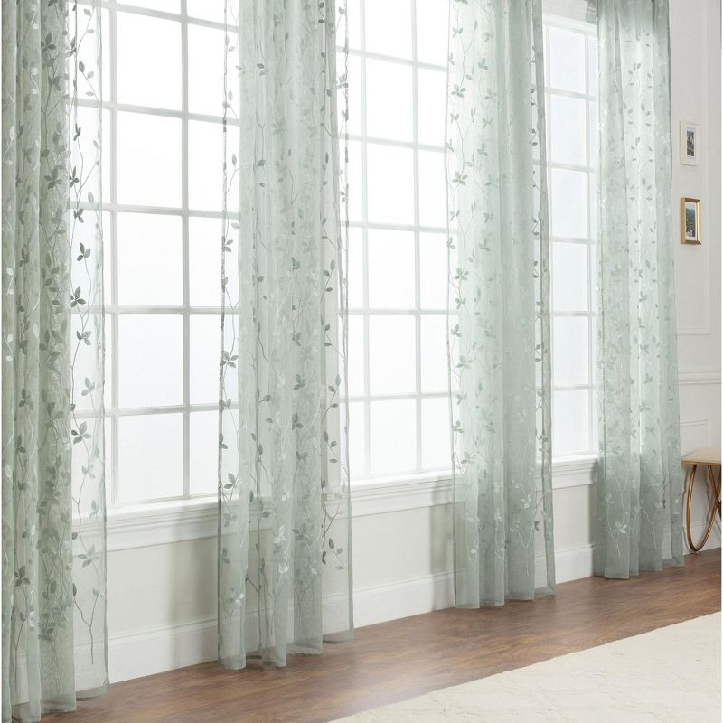 Chanasya 2pk Embroidered Vine Sheer Window Curtain Panels - Set of 2 - 52 x 96 Inches Long - Sage