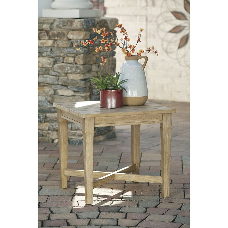 Signature Design by Ashley Carter Hall Outdoor End Table, Weather-Resistant Eucalyptus Wood, Square, Beige