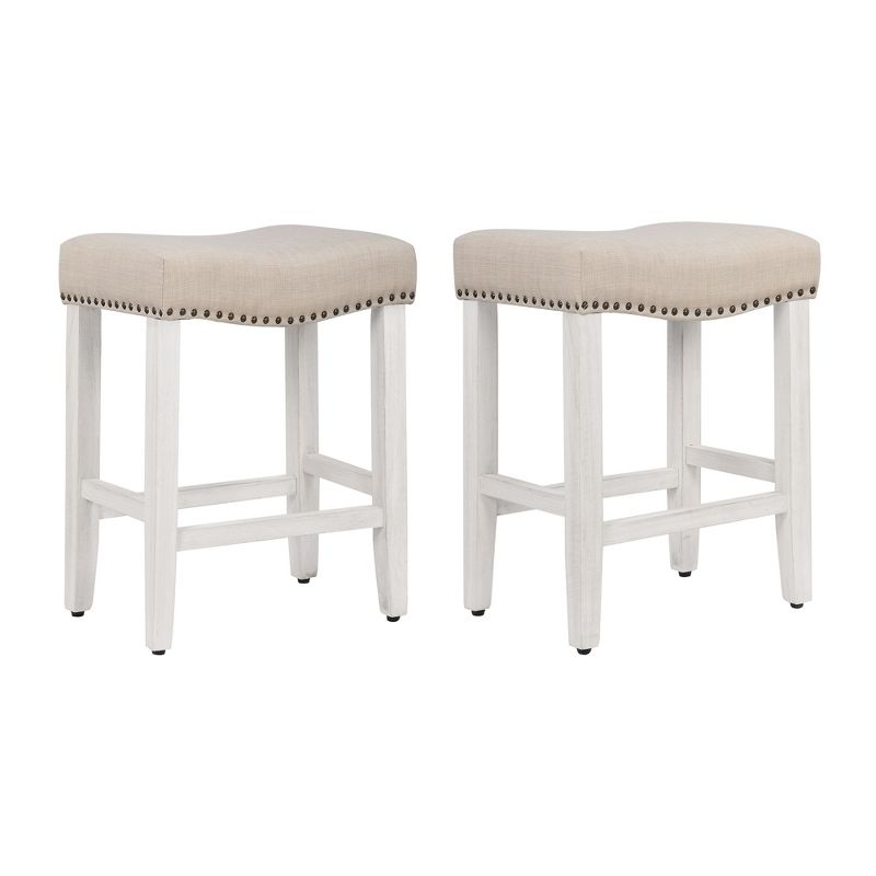 WestinTrends 24" Upholstered Saddle Seat Counter Stool (Set of 2), Antique White/Beige
