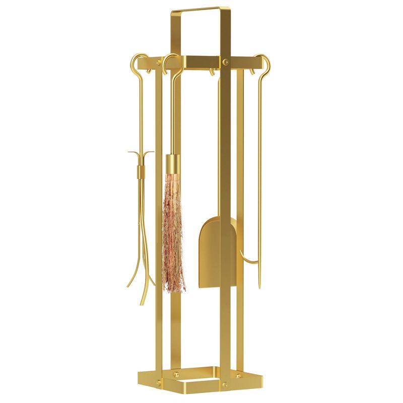 Outsunny 5 Piece Fireplace Tools Set, Metal Fireplace Accessories Set with Brush, Poker, Shovel, Tongs and Stand for Indoor or Outdoor Chimney, Gold