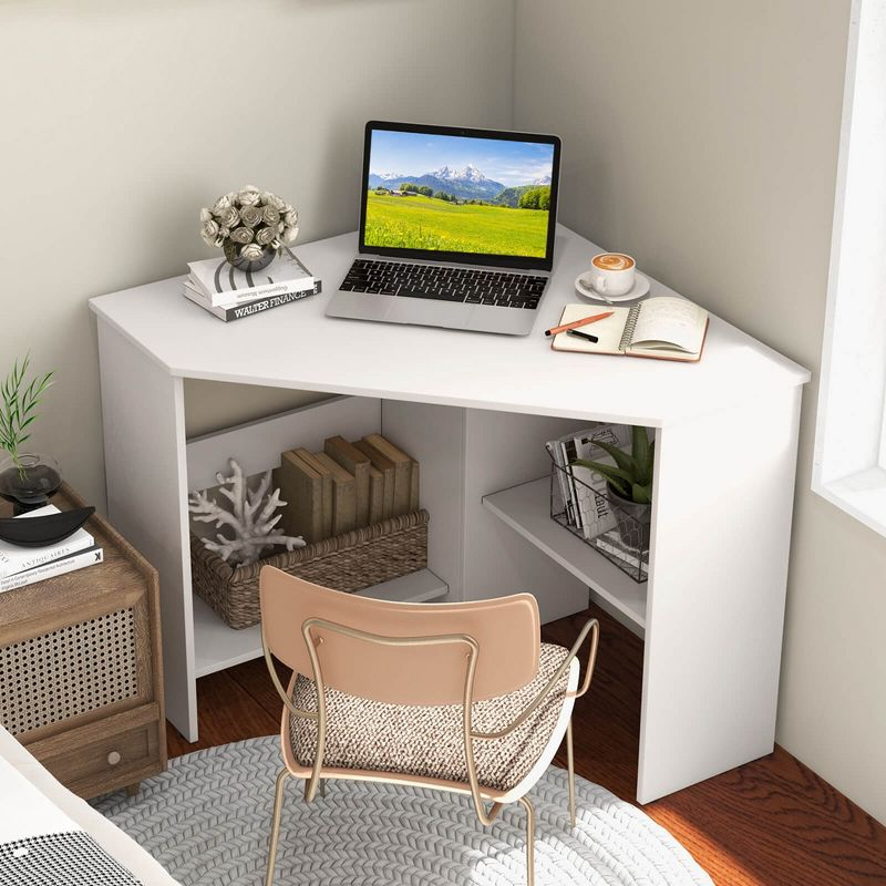 Costway Corner Computer Desk Triangle Writing Workstation w/ Storage Shelf White