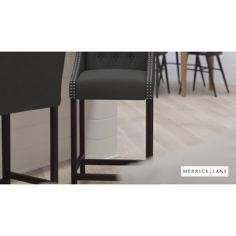 Merrick Lane Upholstered Barstool 30" High Transitional Tufted Walnut Barstool with Accent Nail Trim in Dark Gray Fabric