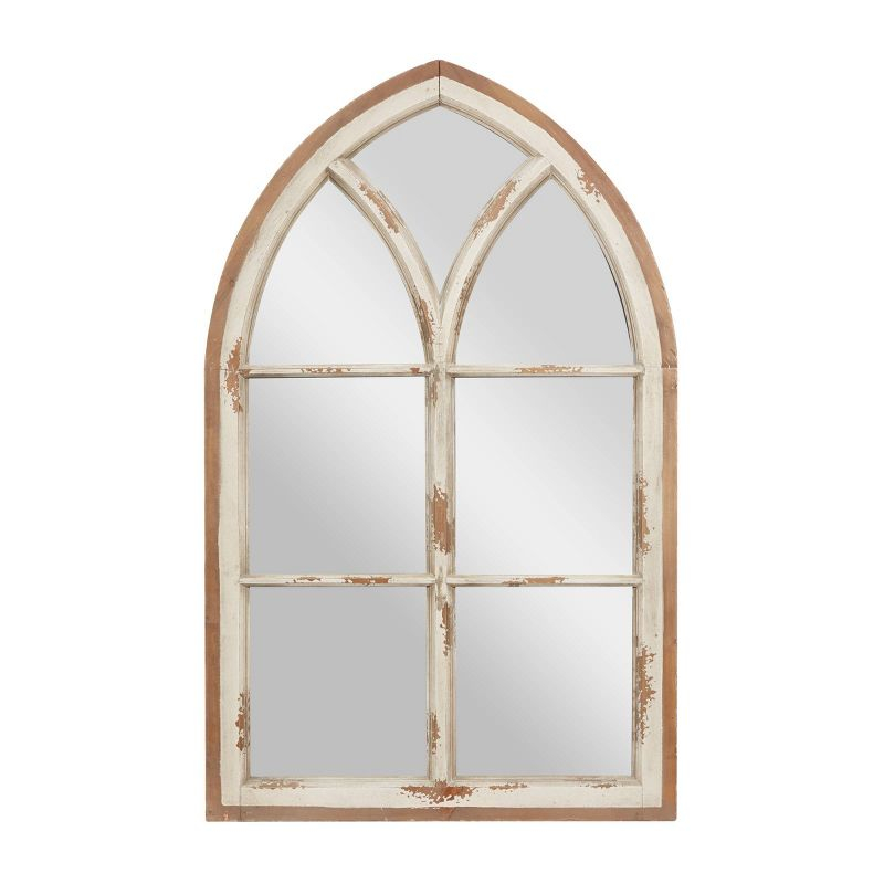 Wood Window Panes Inspired Wall Mirror with Arched Top and Distressing White/Brown - Olivia & May: Cathedral Style, Antiqued Finish