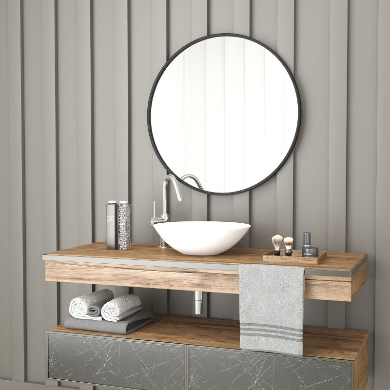 Merrick Lane 30" Round Accent Wall Mirror in Black with Metal Frame for Bathroom, Vanity, Entryway, Dining Room, & Living Room