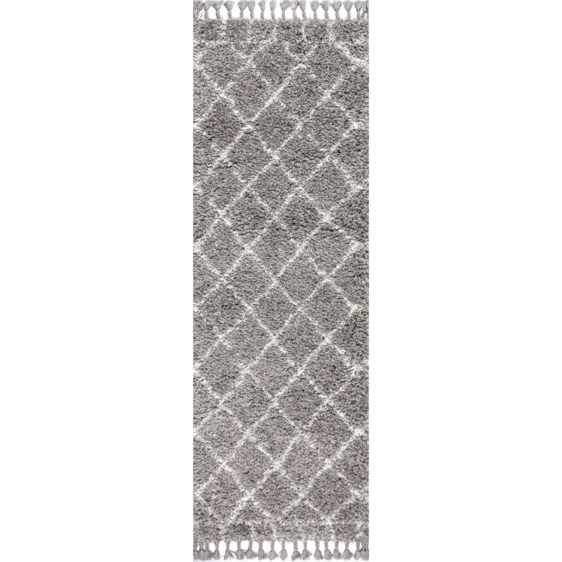 2'x8' Mercer Shag Plush Tassel Moroccan Geometric Trellis Area Rug, Grey/Cream - JONATHAN Y