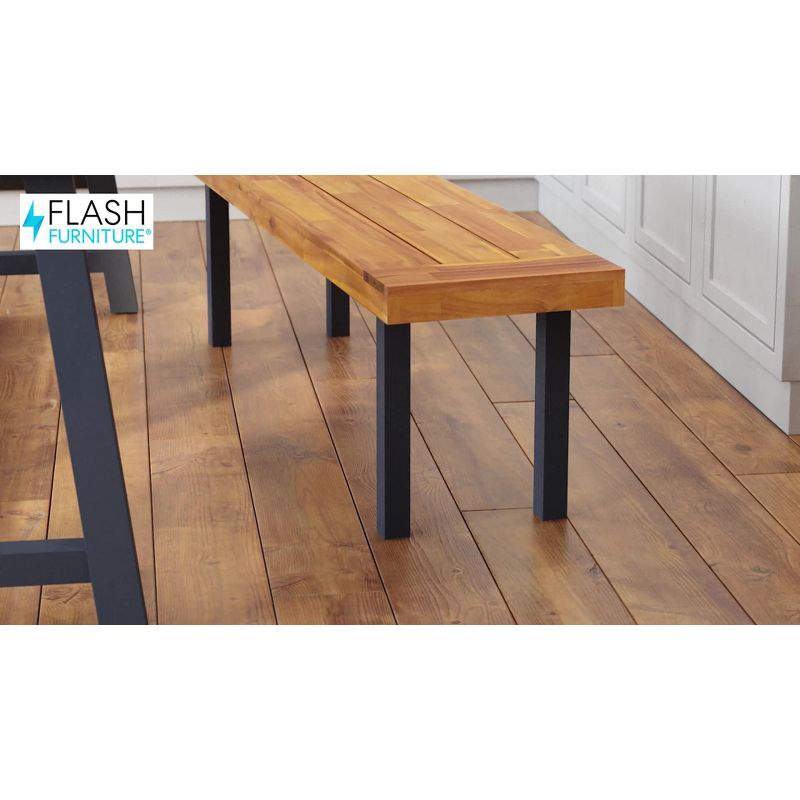 Flash Furniture Martindale Solid Acacia Wood Patio Dining Bench for 2 with Slatted Top and Black Flared Wooden Legs in a Natural Finish