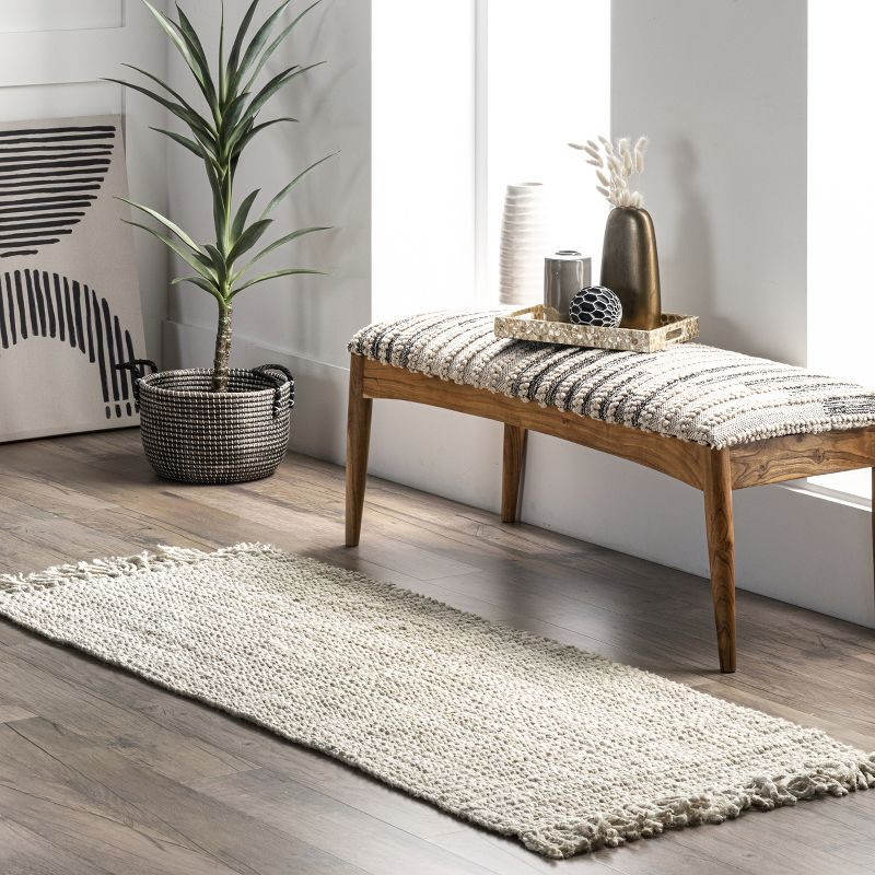 Nuloom 2x6 Daniela Jute Tassel Hand Woven Indoor Area Rug, Off White, Solid Chunky Farmhouse Design, Natural Fiber BedroomLiving Room