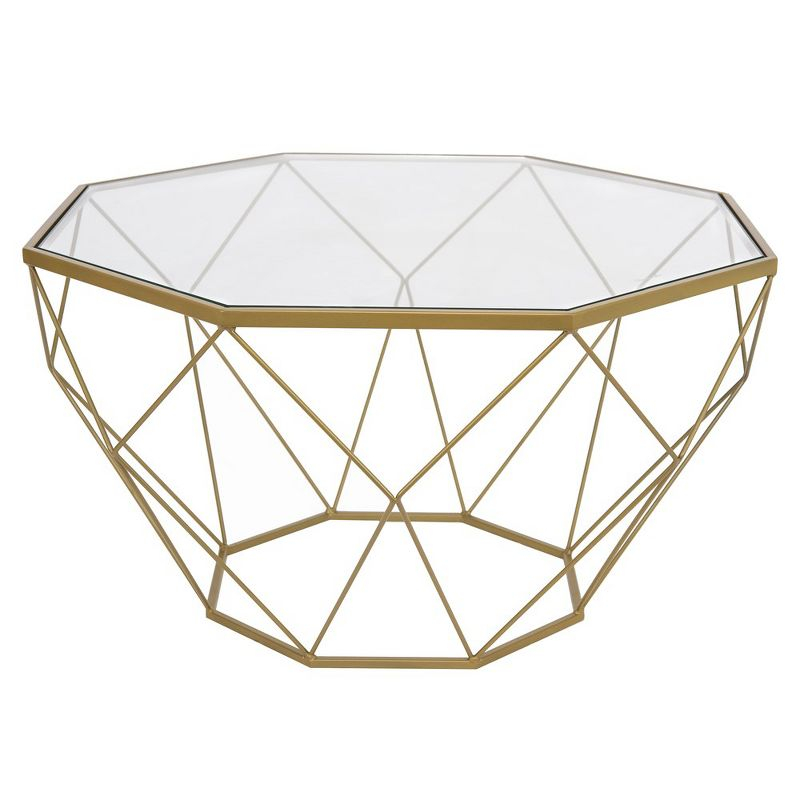 LeisureMod Malibu Modern 29" Wide Octagon Glass Top Coffee Table With Iron Base in Gold