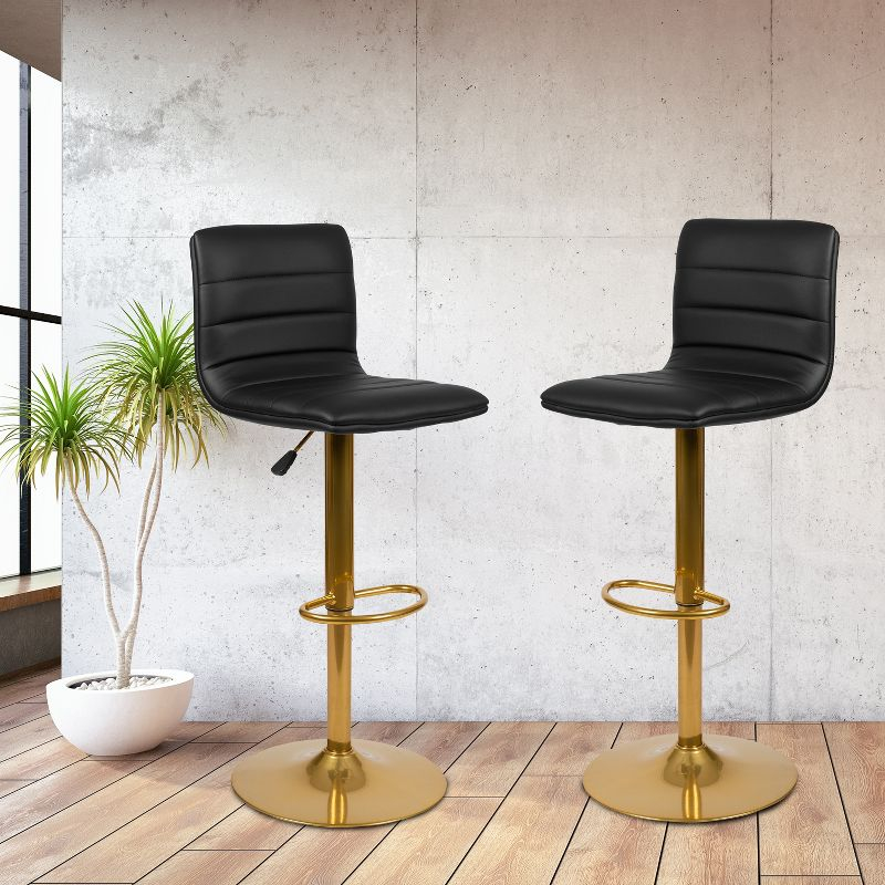 Flash Furniture Modern Black Vinyl Adjustable Bar Stool with Back, Counter Height Swivel Stool with Gold Pedestal Base, Set of 2
