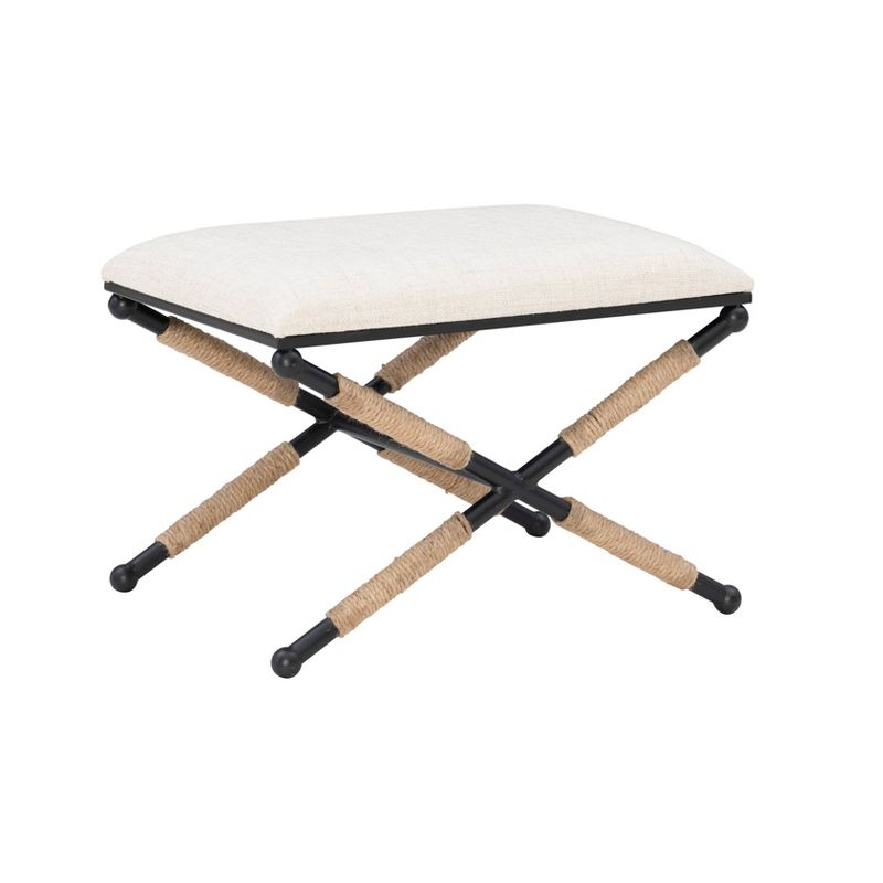 24" Ashburn Boho Rope Wrapped Campaign Accent Stool Ottoman Buff Beige Linen - Linon: Vanity, Bedroom Bench