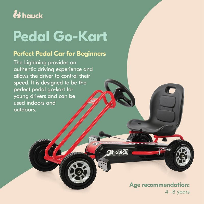hauck Lightning Ride On Pedal Go Kart Toy with Ergonomic Adjustable Bucket Seat, Handbrake, and Sharp Handling for Boys and Girls, Red