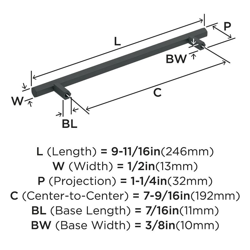 Amerock Caliber 7-9/16 inch (192mm) Center-to-Center Matte Black Cabinet Pull