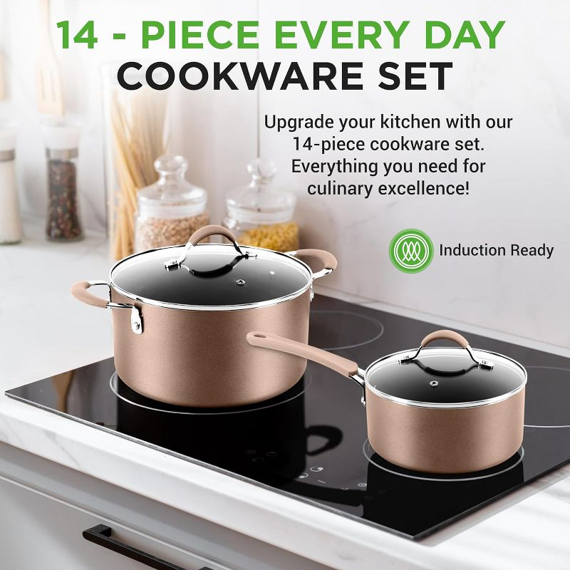 Non-Stick Cookware Set for Home Cooking with Golden Interior, Heat-Resistant, 14-Piece Set