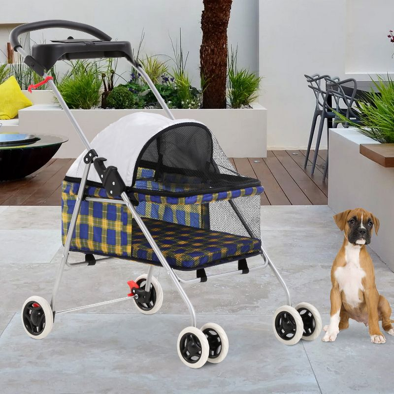 FDW 4 Wheels Pet Stroller Cat Dog Stroller Portable Folding Travel Carrier Strolling Cart Waterproof with Storage Basket,Mesh Windows, Yellow Plaid