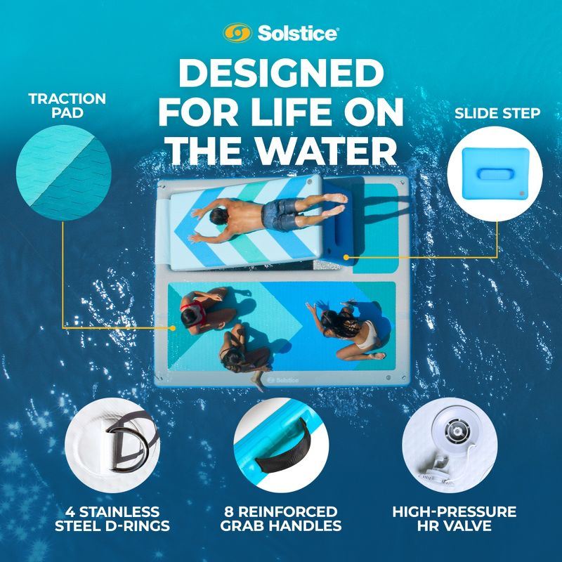 Solstice 10 Foot x 8 Foot Inflatable Convertible Floating Slide Dock Water Lounger Platform with Pump and Storage Bag for Lakes, Pools, and Rivers