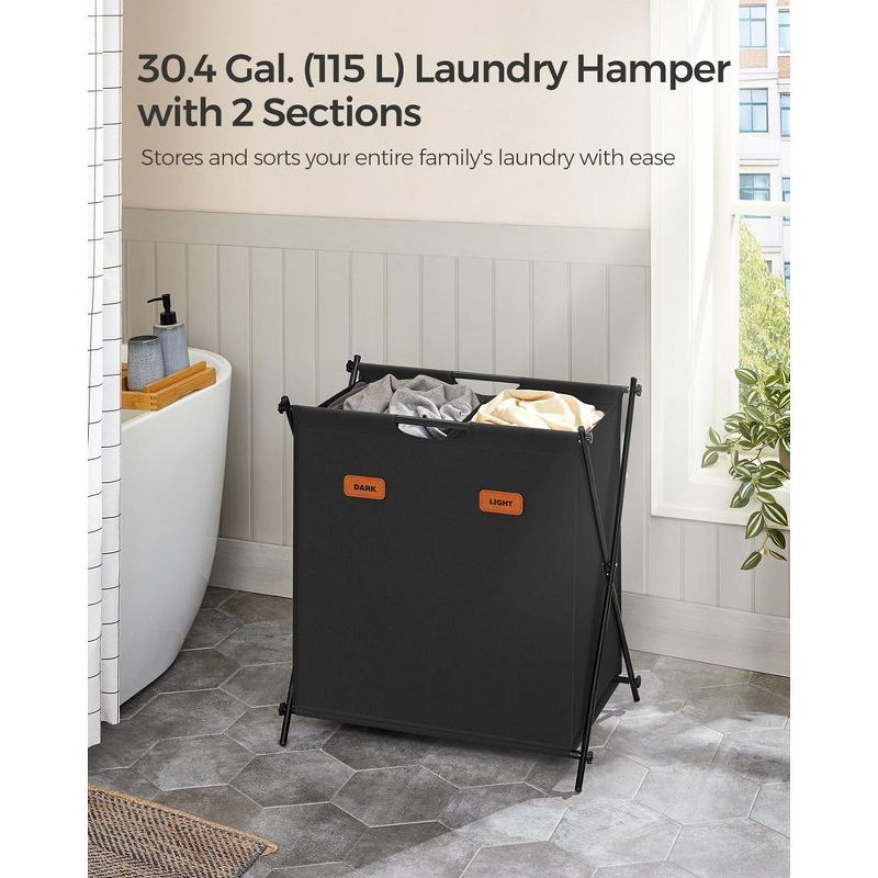 SONGMICS Laundry Hamper, Laundry Basket, Laundry Sorter 2 Sections, Collapsible X-Frame, Clothes Organizer with Customizable Labels, Ink Black