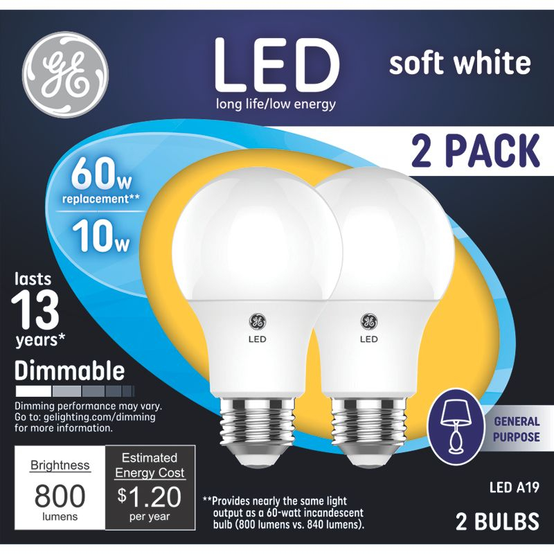 GE 2pk 60W A19 Light Bulb Soft White: LED, E26 Base, Dimmable, 800 Lumens, Energy Star Certified, 2700K, 13.7-Year Life