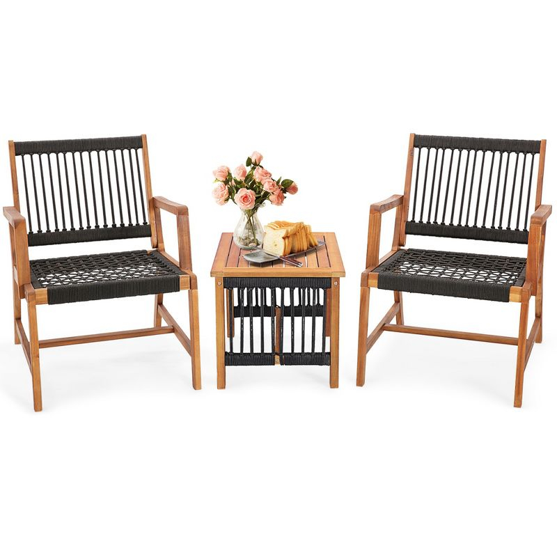 Costway Patio 3pcs  Acacia Wood Outdoor Furniture  Bistro Set All-Weather Rope Woven