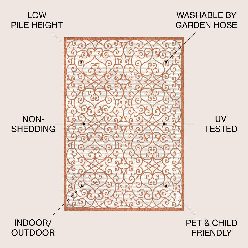 4' x 6' Madrid Vintage Filigree Textured Weave Indoor/Outdoor Area Rug, Cream/Orange - JONATHAN Y
