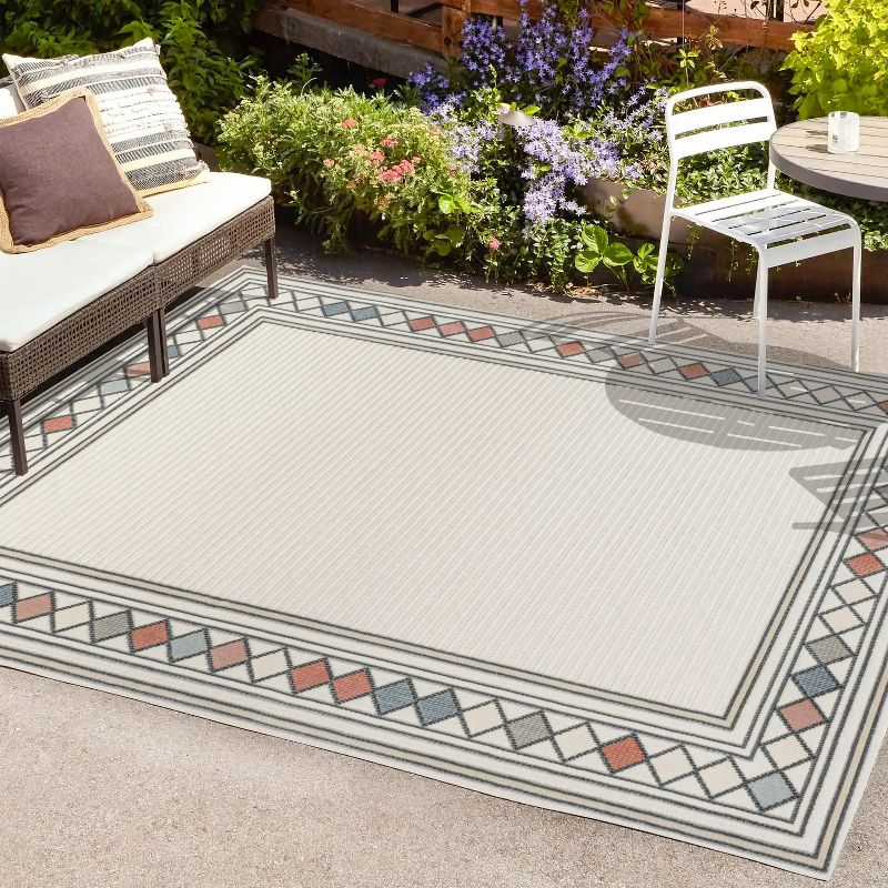 JONATHAN Y Sebastian High-Low Modern Diamond Border Ivory/Beige 3 ft. x 5 ft. Indoor/Outdoor Area Rug