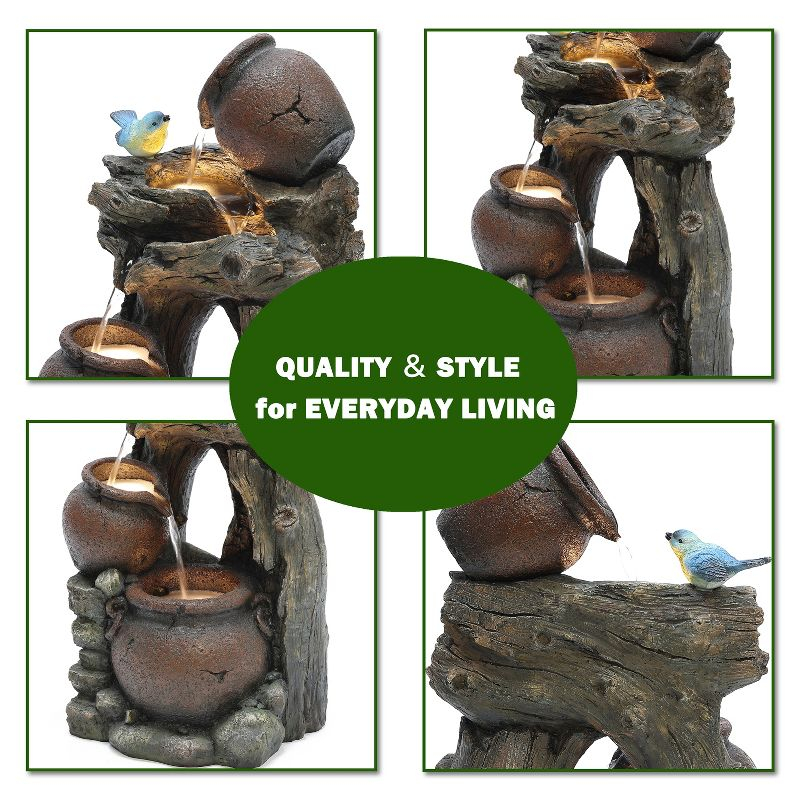 LuxenHome Rustic Pots and Pitchers on Tree Resin Outdoor Fountain with Lights Brown