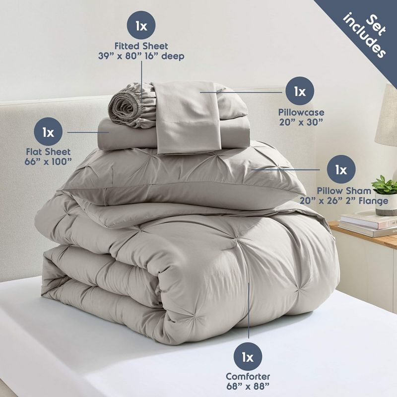 Nestl Bed in a Bag Pinch Pleat, 5 Piece Twin XL Bedding Set -Linen