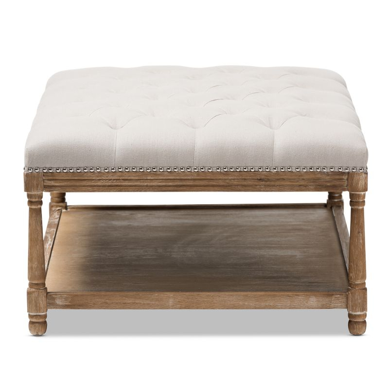 Carlotta French Country Weathered Oak Linen Rectangular Coffee Table Ottoman Beige - Baxton Studio: Elegant Tufted Design, Storage Shelf